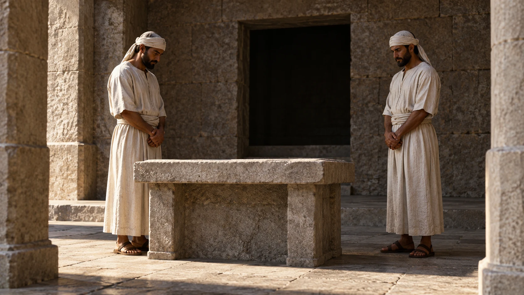 Two plain-linen priests stand by an unadorned stone table and shadowed inner doorway.