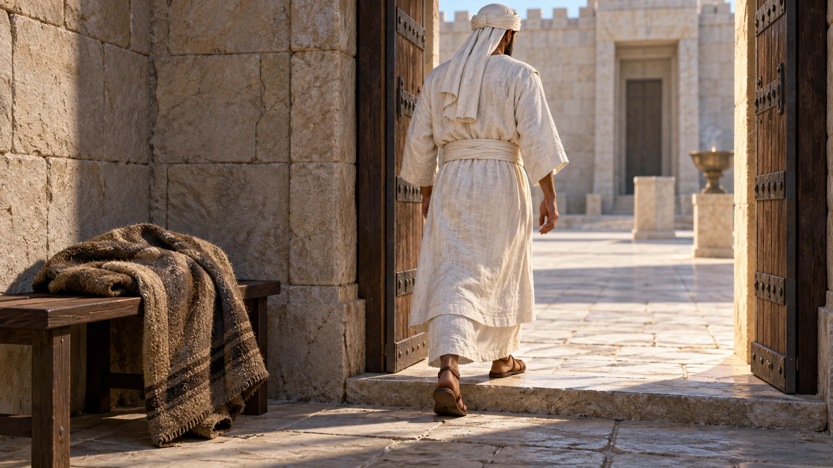 A fully dressed linen-clothed priest enters the inner court, leaving a heavy wool garment aside.