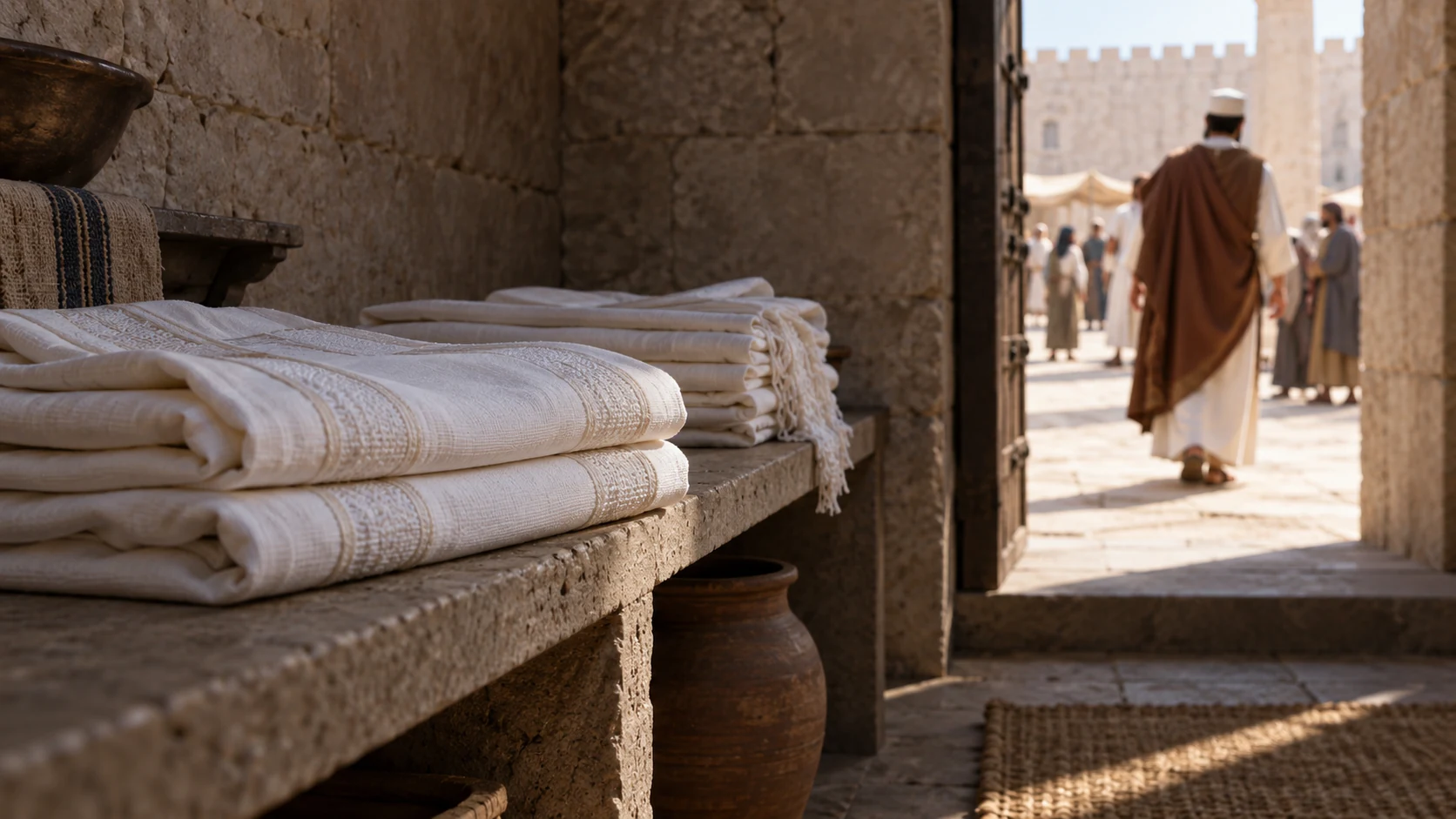 Folded white ministry linens remain on a shelf as a priest in a brown cloak walks toward the outer court.