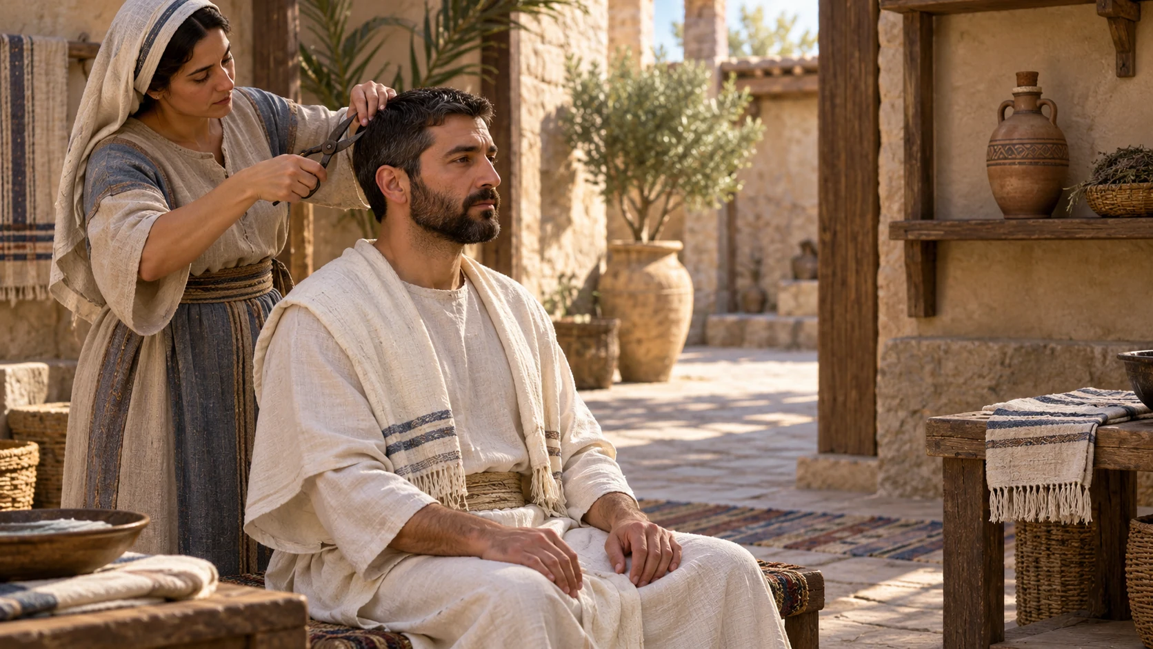 A family member trims a priest’s short hair while a sealed wine jar remains on a shelf.