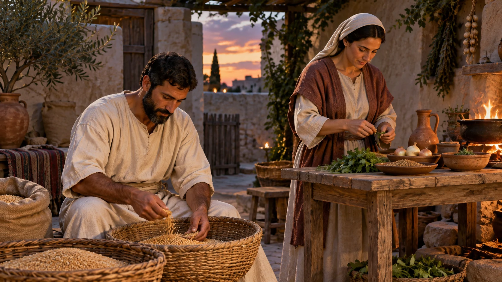 A priest and spouse sort grain and prepare food together in a modest courtyard.