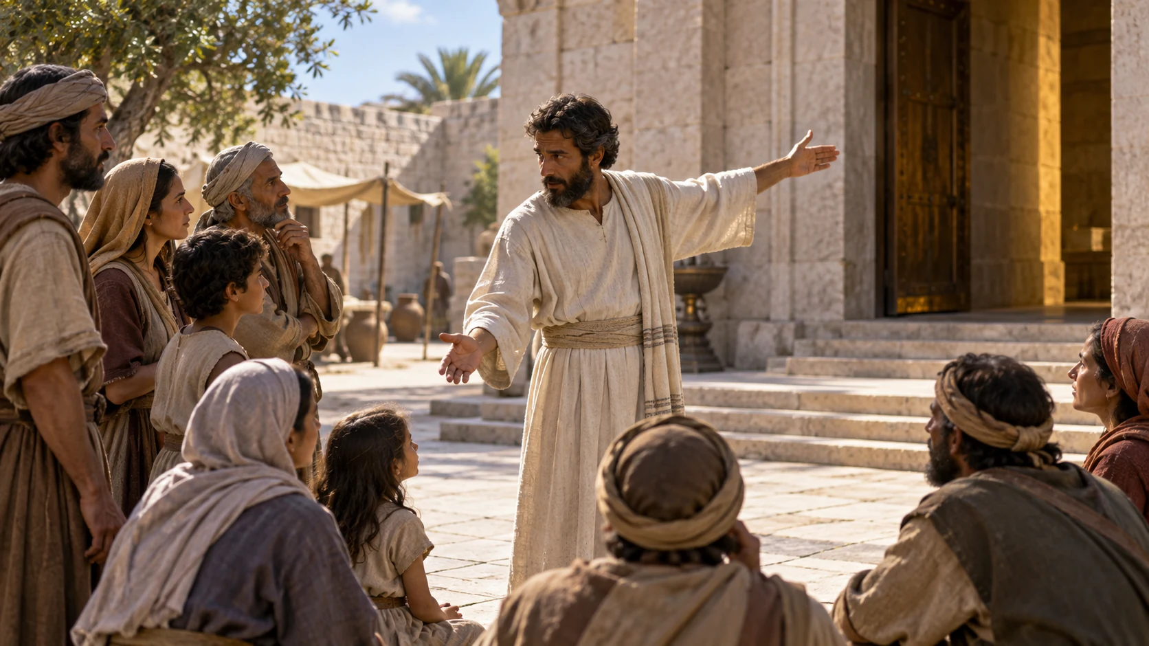 A linen-clothed priest teaches adults and children beside a plain reserved threshold.