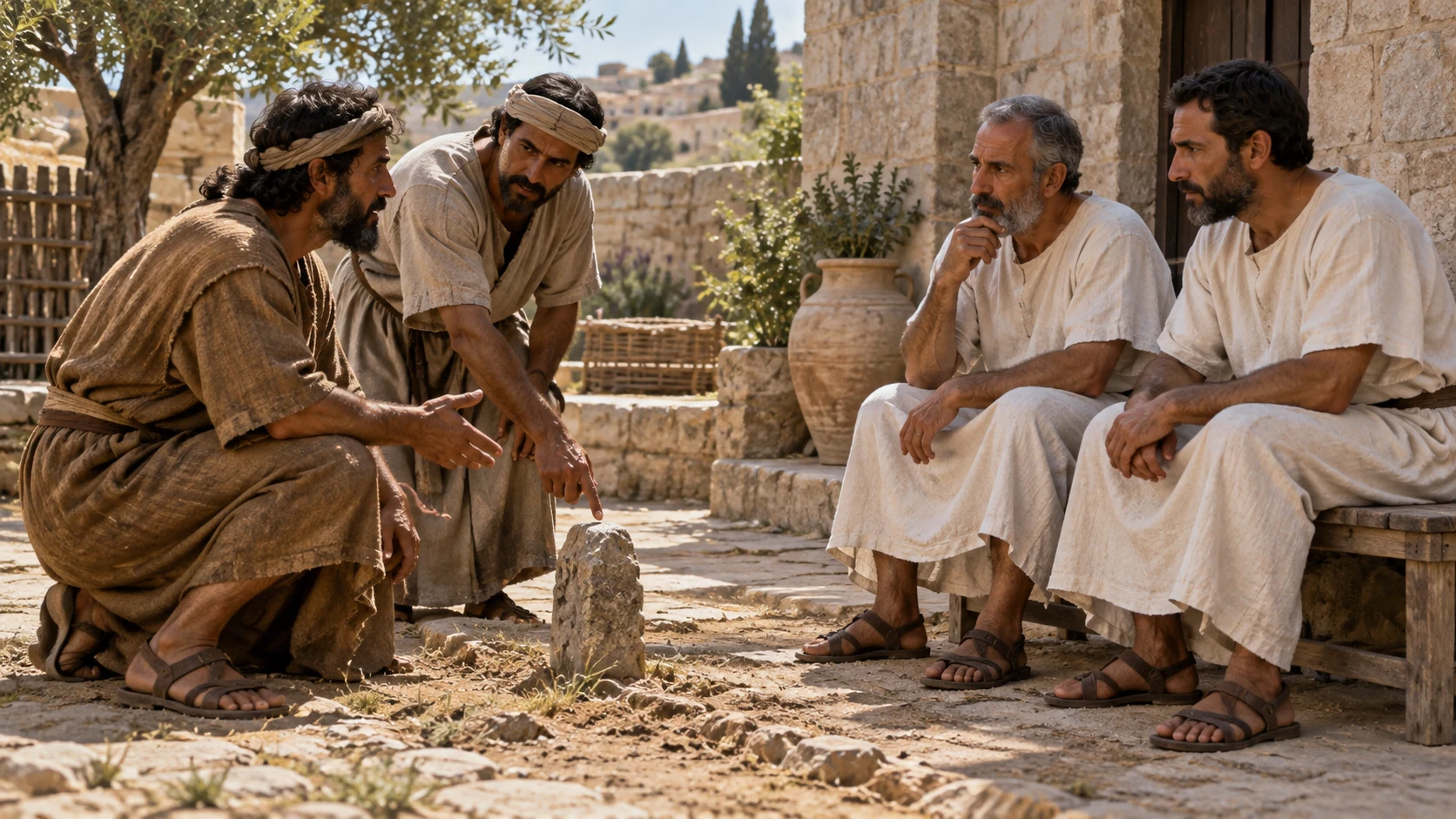 Two plain-linen priestly listeners hear a quiet field-boundary dispute around one stone marker.