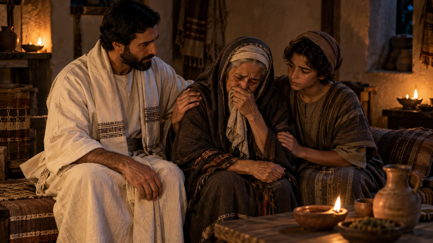 A priest sits with living close relatives in private grief at home.