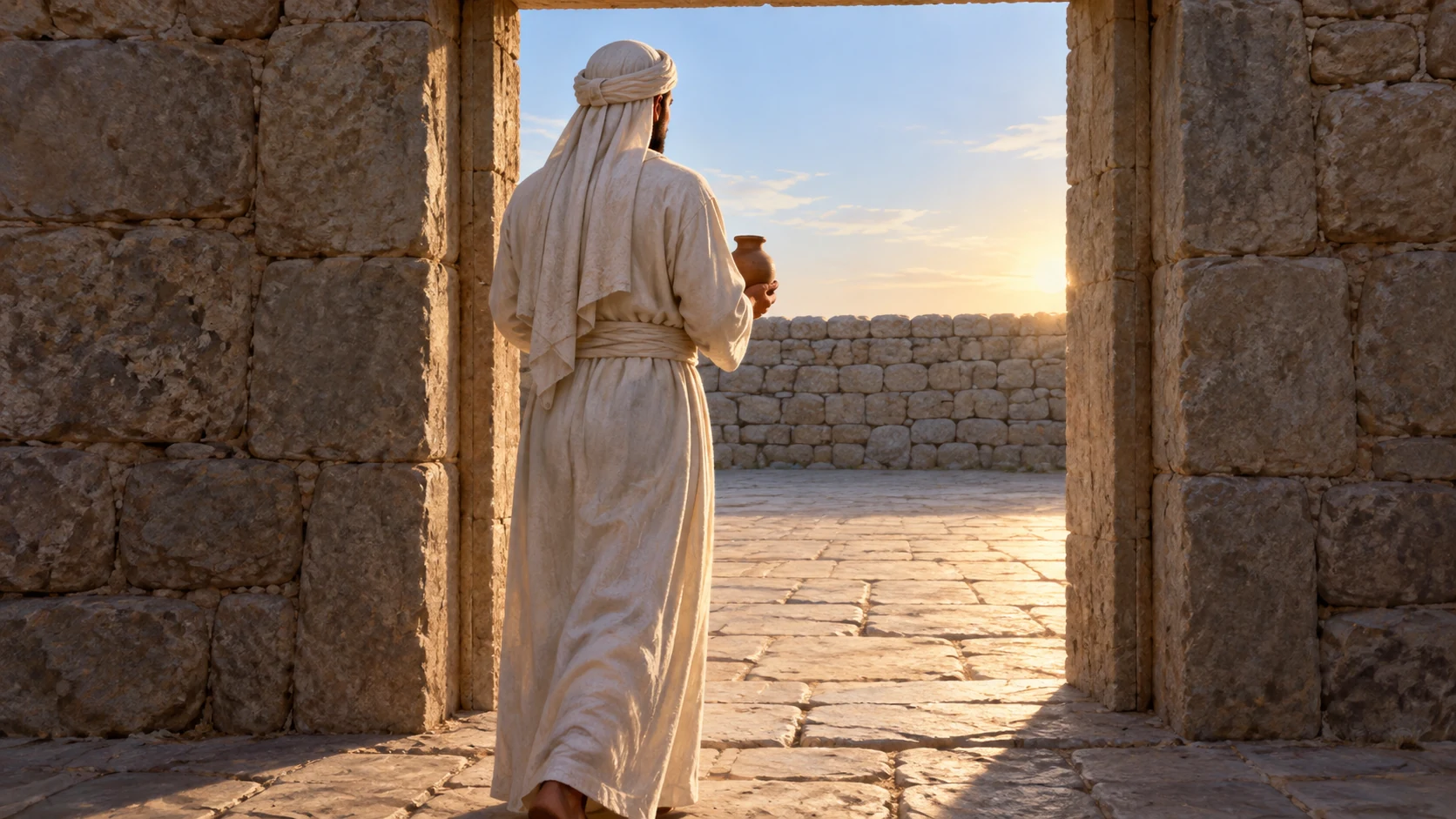 A fully dressed priest carries a small clay vessel through a plain inner-court doorway at dawn.