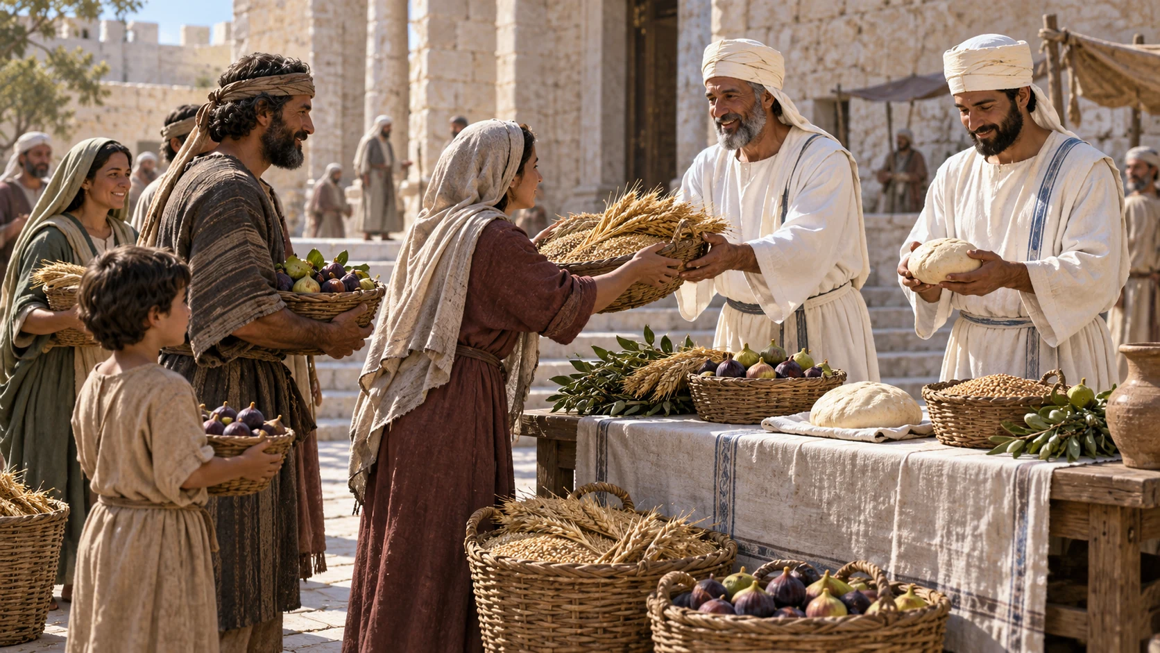 Households present grain, figs and first dough to linen-clothed priests at a low table.