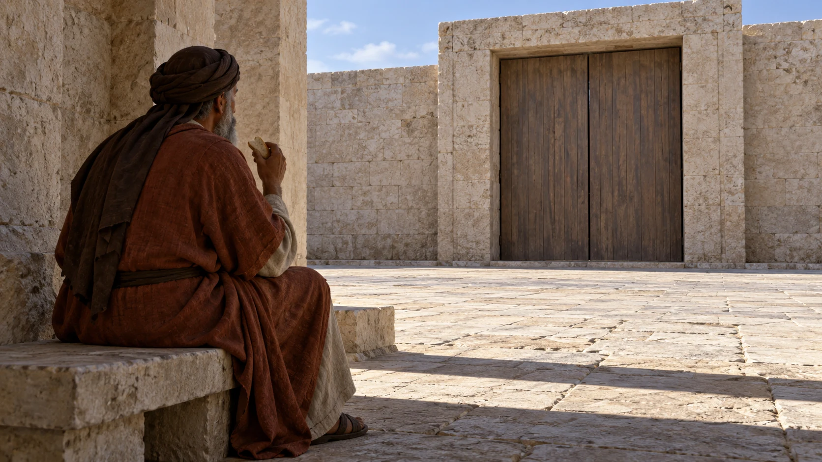 An anonymous older prince in a rust-brown robe eats bread in a side porch while the main gate remains closed.