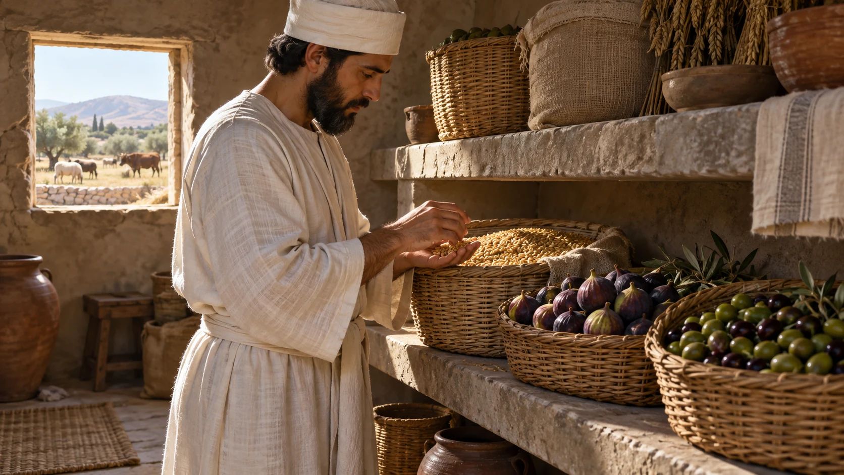 A priest selects grain, figs and olives in a store chamber while living livestock graze outside.