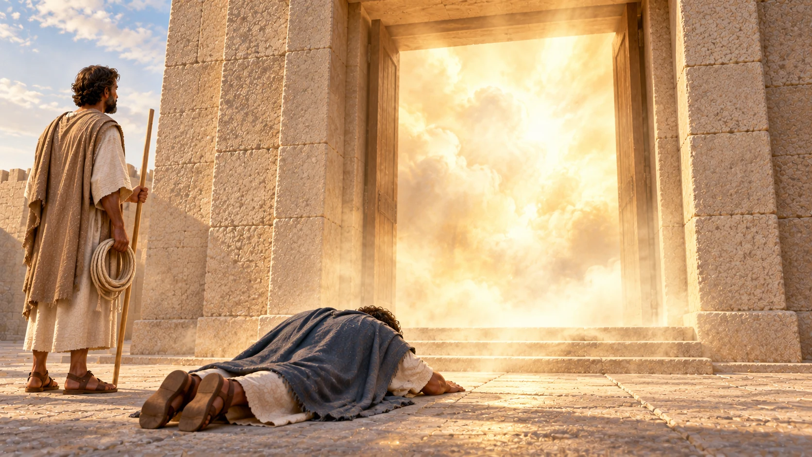Ezekiel lies face-down before non-figurative radiance filling the house while the guide stands back.