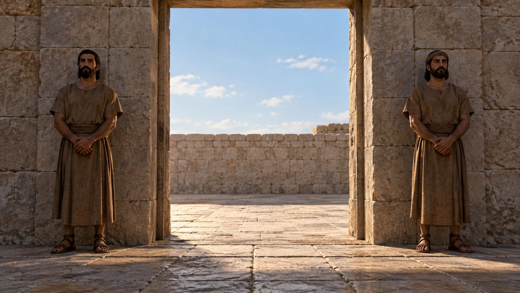 Two anonymous attendants stand at an open reserved inner doorway with blank court wall beyond.