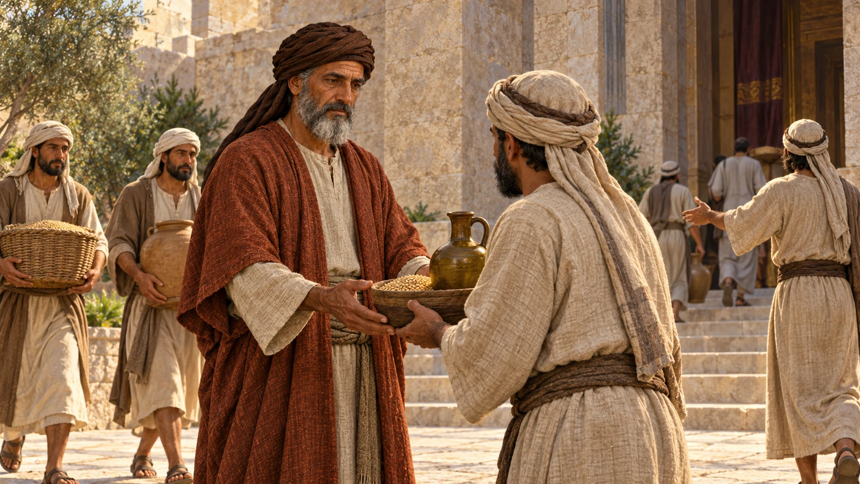 Anonymous prince in simple robe receives grain and oil from households then directs attendants toward sanctuary, service rather than opulence.