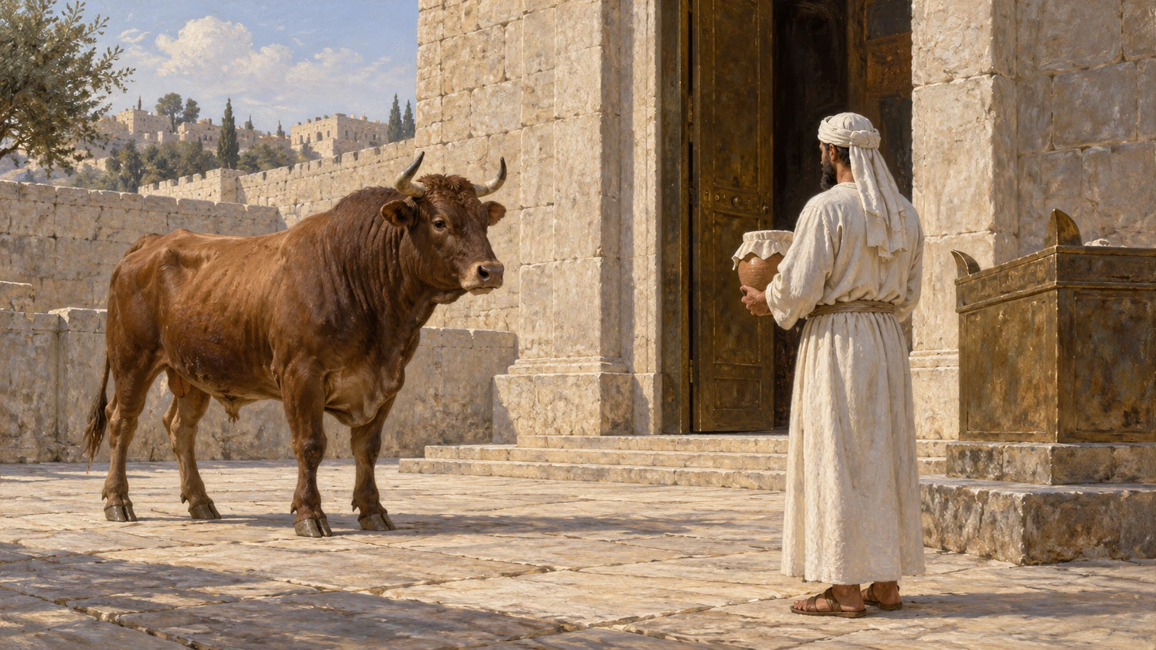 Healthy living young bull near a clean sanctuary threshold; priest carries a covered vessel, no exposed blood, slaughter or guilt spectacle.