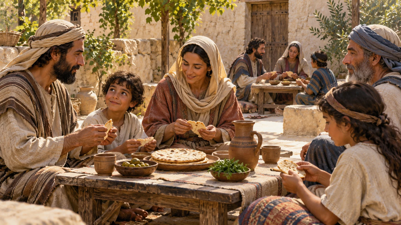 Families share plain unleavened bread at simple tables under spring light, worshipful and understated; no date labels.