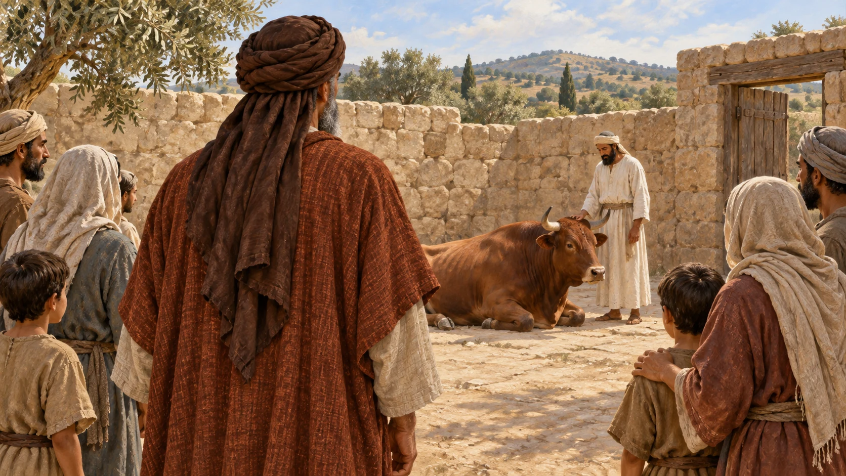 Prince, seen from behind with humble posture, stands among the people near a healthy living bull at preparation yard; no violence.