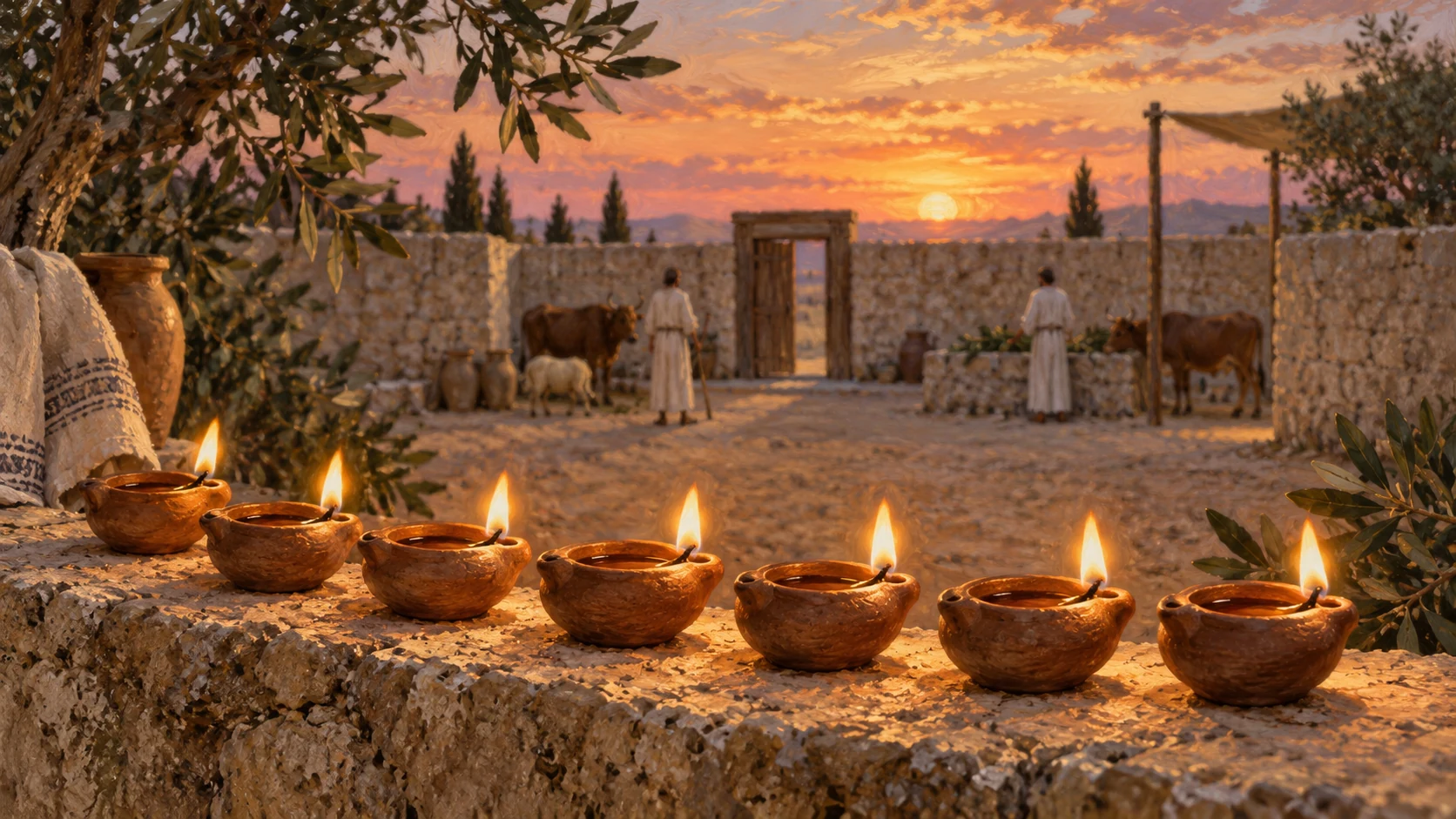 Priests set seven small unlettered lamps or vessels in an editorial sequence near sanctuary, with living animals far off but no literal count diagram or slaughter.