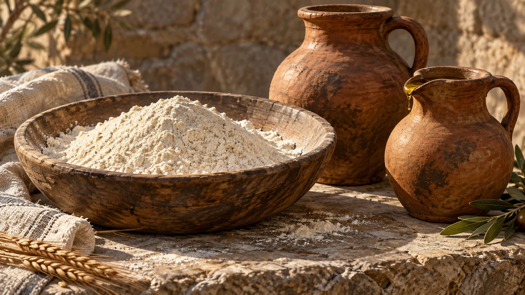 Close still-life of clean baskets of fine flour and earthen oil jars on a low stone table, no text or modern units.