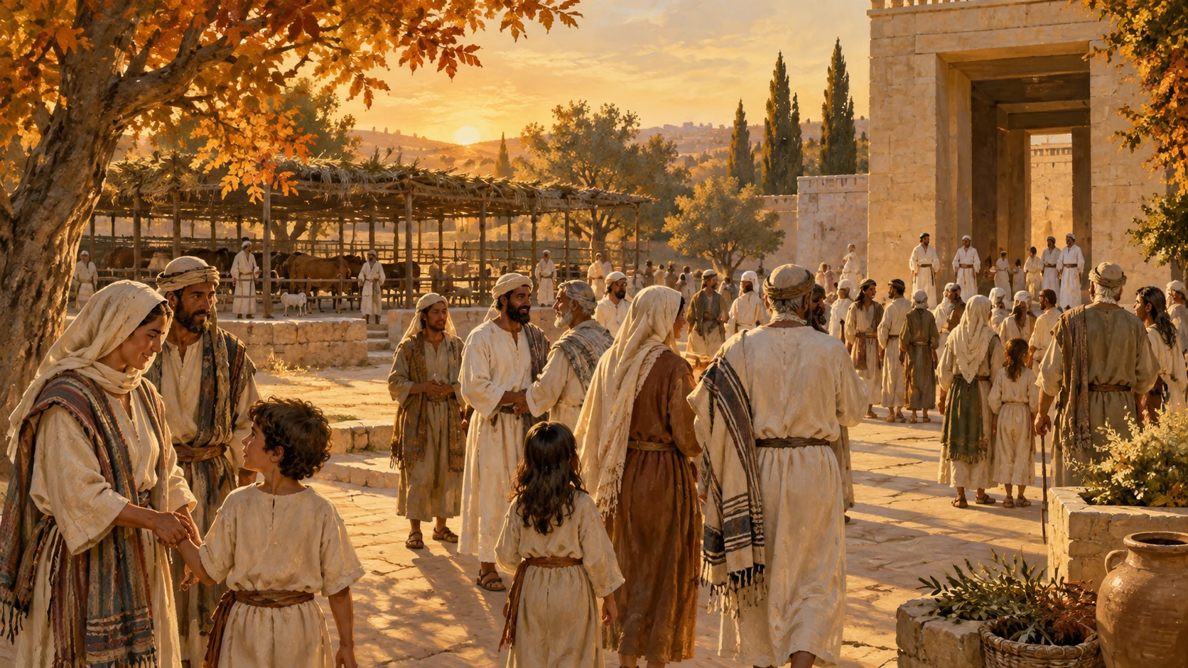 Autumn-toned sanctuary court with families and ministers gathering peacefully, living animals at a safe distance, no direct violence or invented festival name.