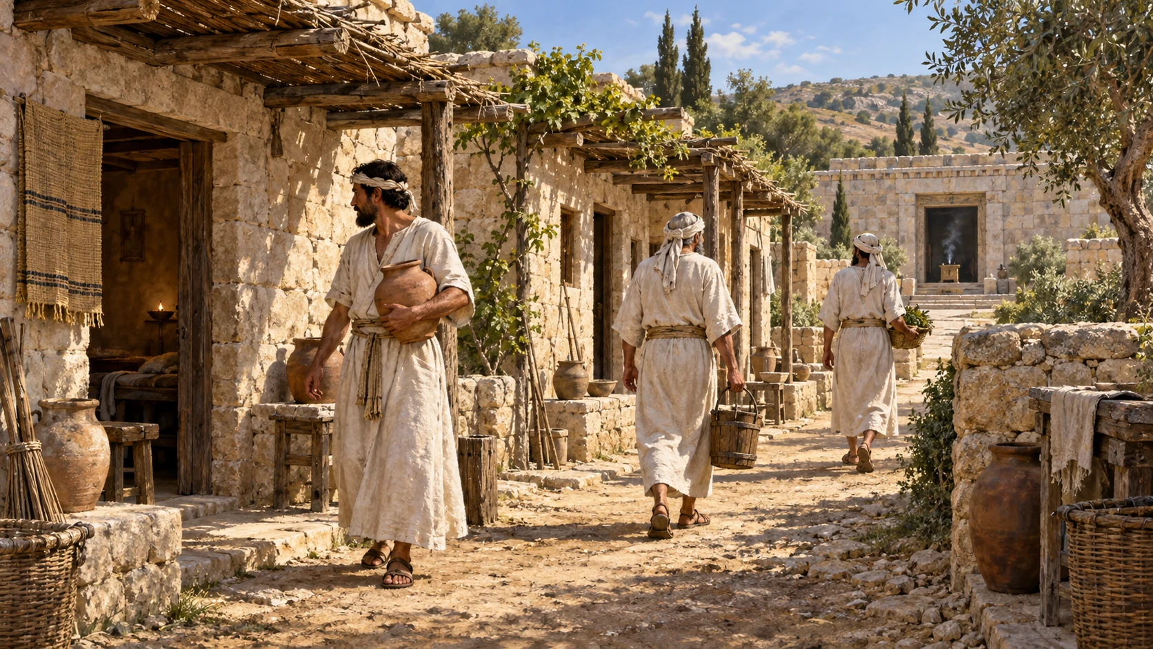 Humble priestly homes and service chambers at human scale near the visionary sanctuary; simple linen-clad ministers, no diagrams or exact cubit labels.