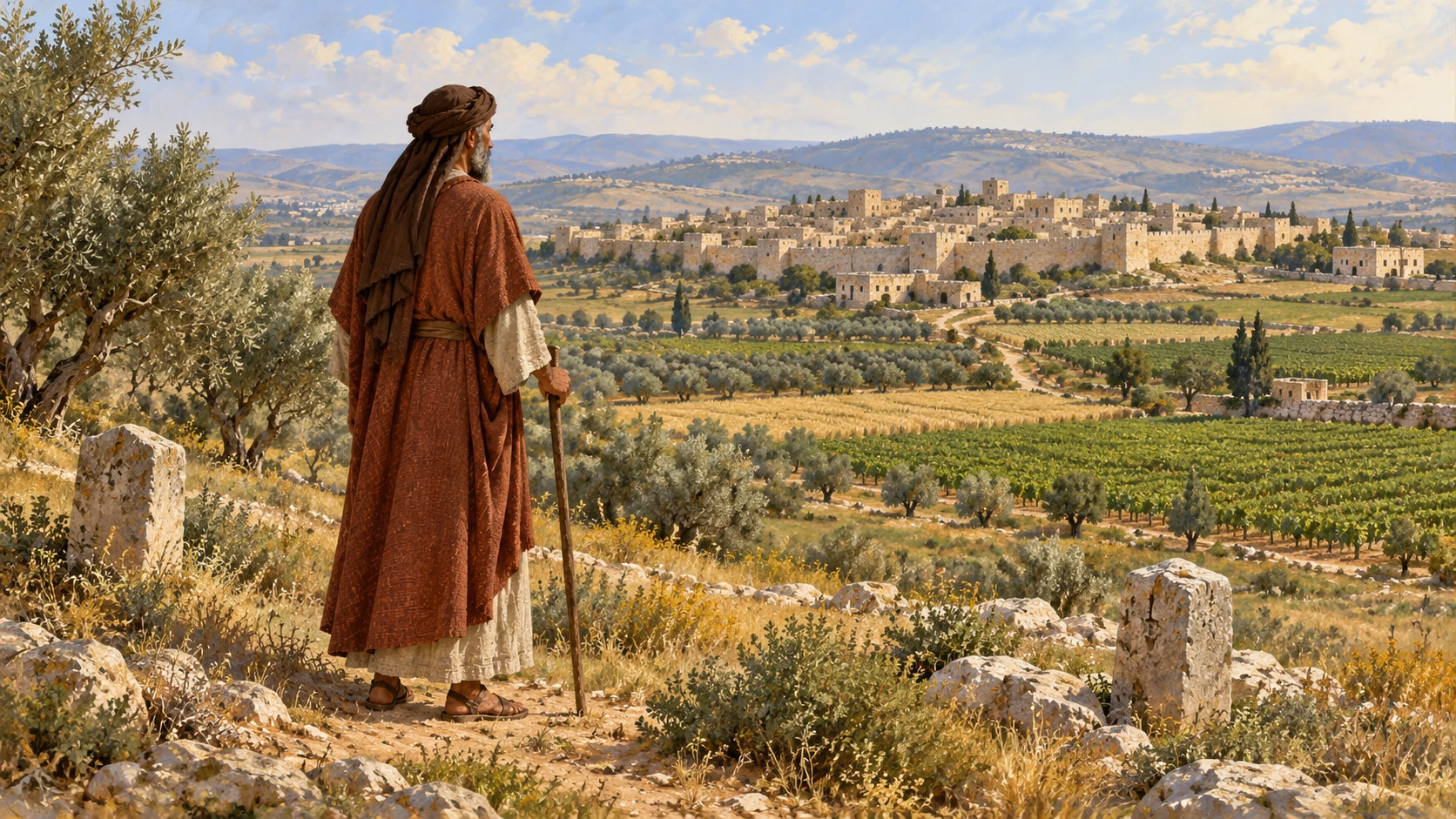 Broad pastoral landscape: ordinary city at center, protected cultivated plots on each side, an anonymous prince viewed from behind at distance, no royal luxury or map labels.