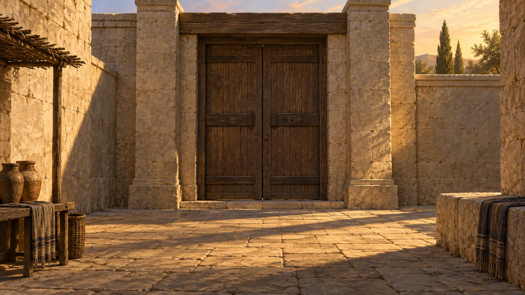 Visionary east-facing inner gate, closed wooden leaves in calm weekday dusk, with a subtle separate morning opening suggested by light beyond but not a literal split-screen or written calendar.