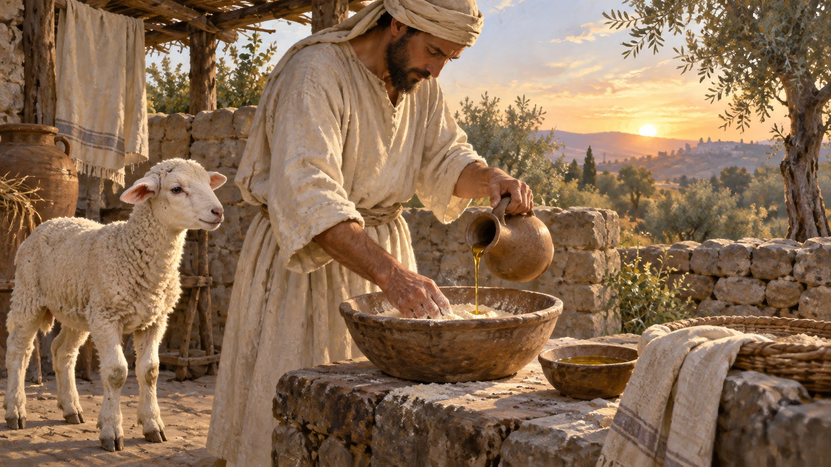Soft dawn sequence embodied in one scene: one living year-old lamb near a simple covered grain bowl and oil jar, priest preparing peacefully under first light; no fire or harm.