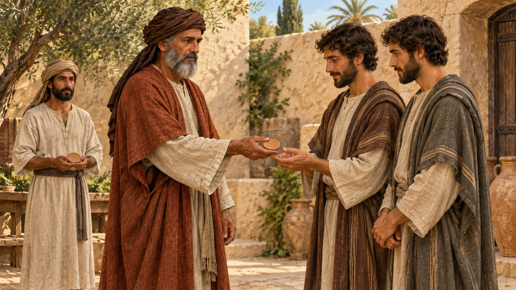 Anonymous prince at simple estate courtyard, two sons and a servant receiving distinct plain unlettered clay land tokens without asserting their identities; no modern deeds or written calendar.