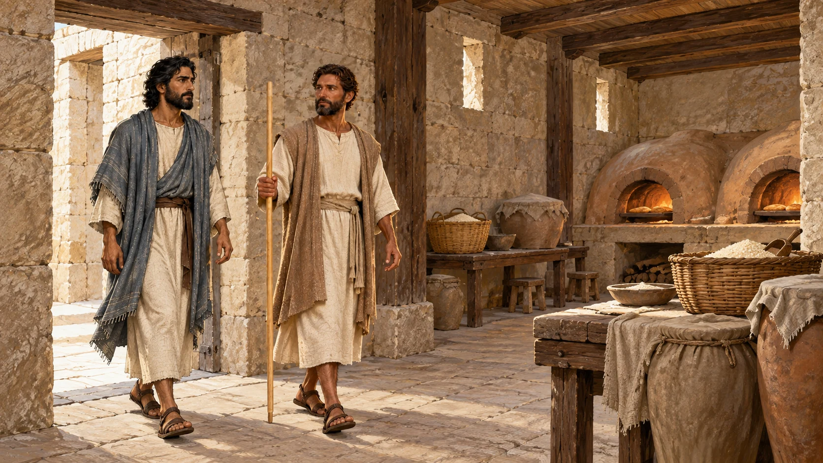 Canonical Ezekiel and bronze-appearing human guide at rough north-facing chamber threshold, humble clay ovens and covered vessels, no meat, slaughter or smoke cloud.