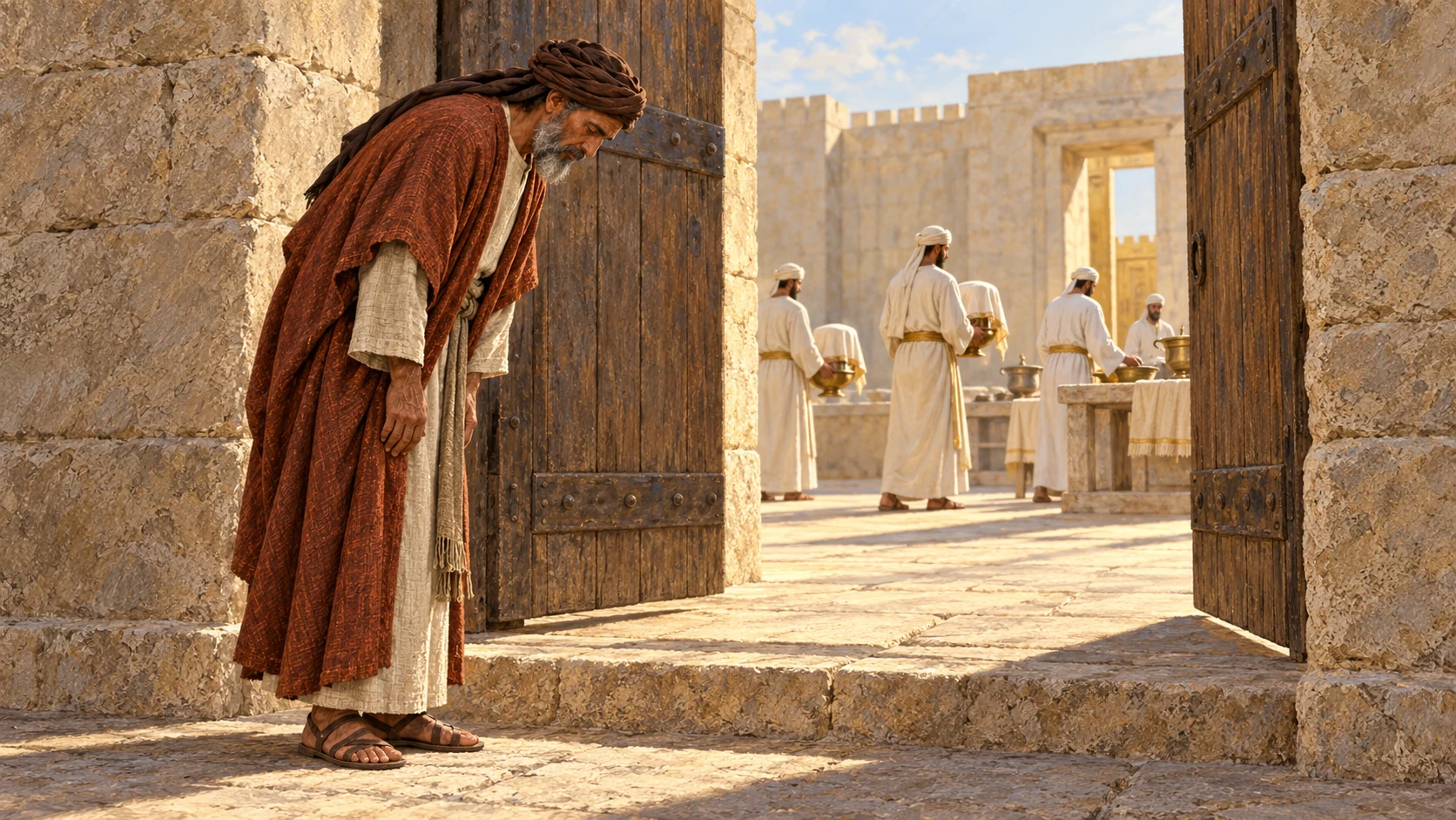 Anonymous prince seen from behind in simple dignified ancient robe at an open east gate doorpost, priests at a distance with covered vessels, no slaughter or bodily deity.