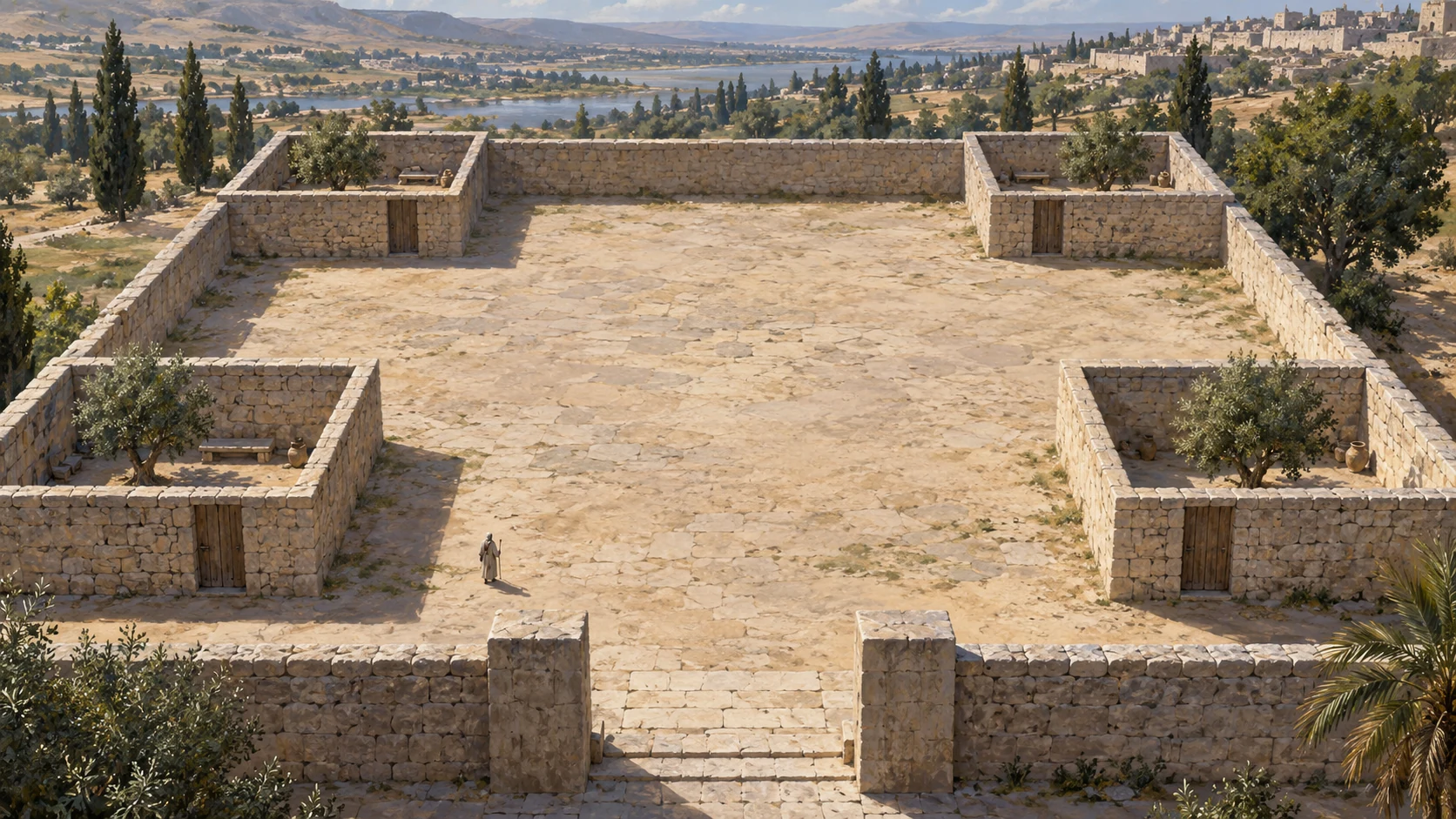 Elevated oblique vision of four modest enclosed corner courts visible around open outer precinct, interpretive geometry not labeled technical blueprint.