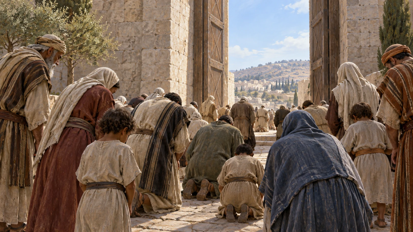 Wide composition of diverse ancient families bowed respectfully at the outer gate threshold, the prince not center stage, no visible deity.