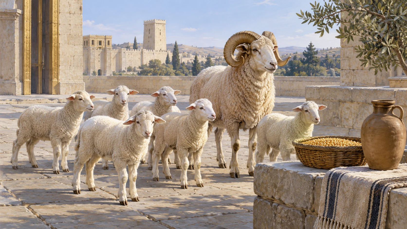Living healthy small group of lambs and one ram in a calm preparation yard with plain grain basket and oil jar, no counting diagram, restraint or harm.
