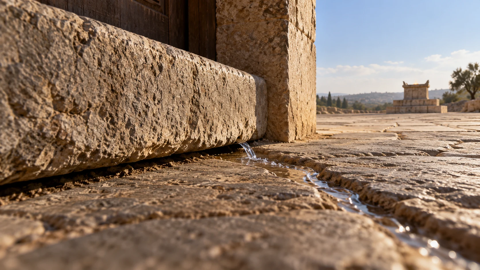 A finger-width clear trickle emerges from under the rough-stone house threshold and runs east along dry paving.