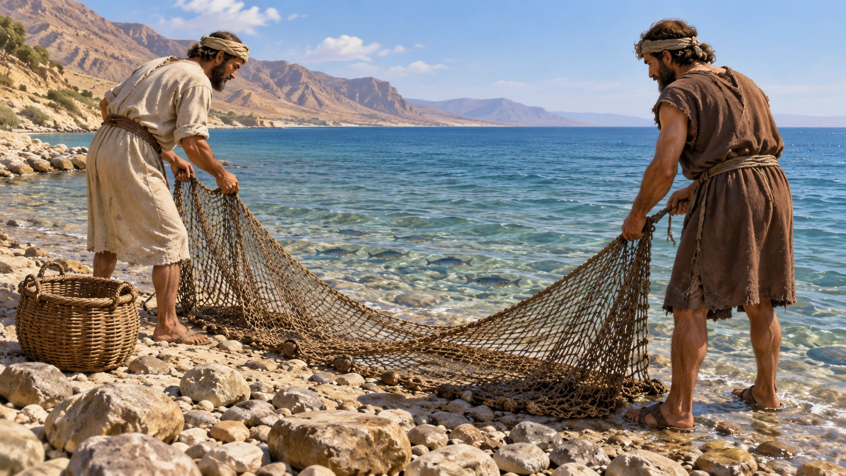 Two ancient fishermen spread a woven net on a flat stony shore beside clear water and a wicker basket.