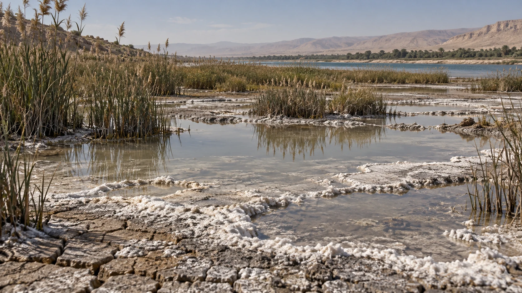 A shallow briny marsh holds salt crust and reeds, distinct from fresh water beyond.