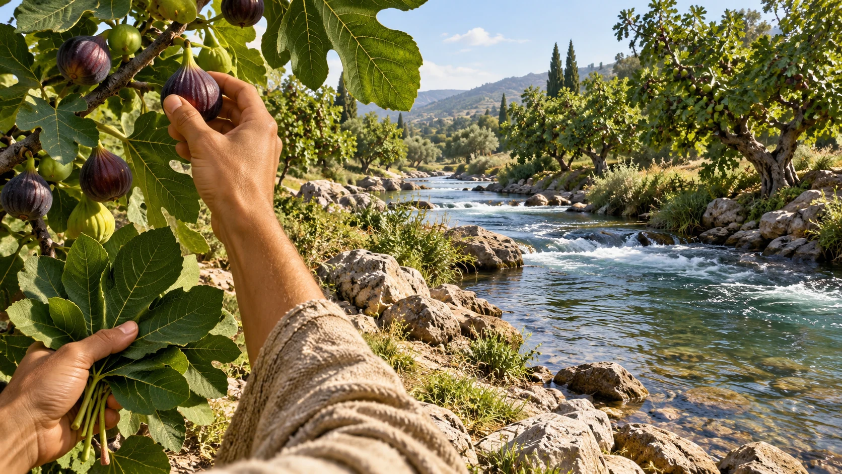 Hands pick one ripe fig and hold fresh fig leaves beside a moving river lined with trees.