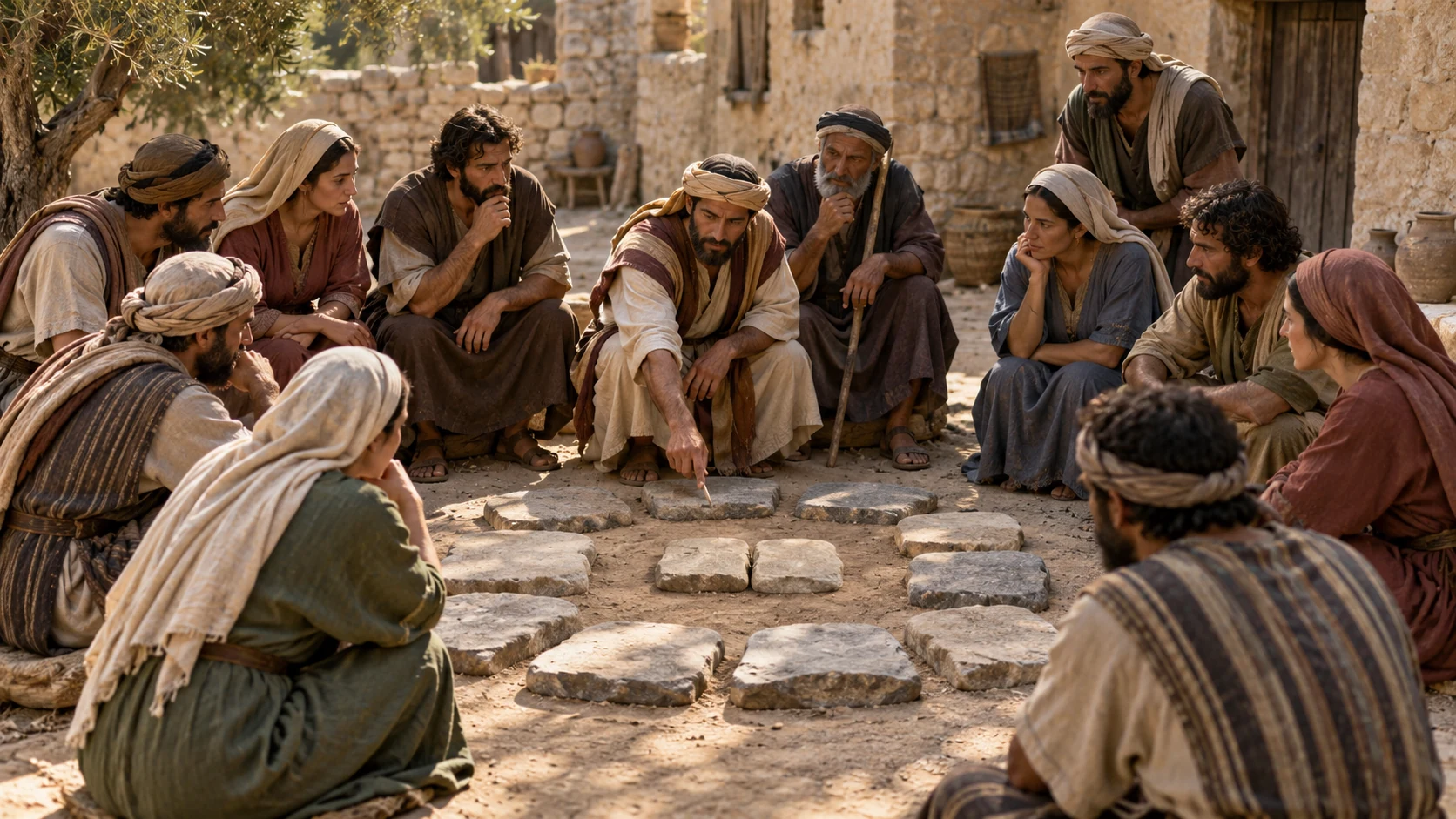 A mixed Israelite assembly studies equal uninscribed stone portions in a village courtyard.
