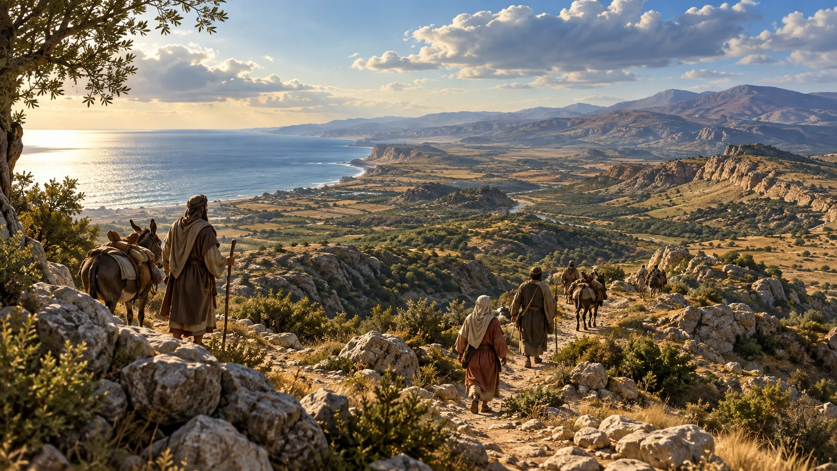 The Great Sea and a dry inland ridge route span a northern boundary landscape with a few travelers.