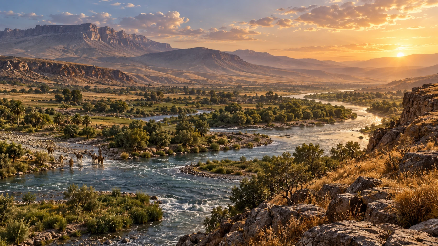 A winding river cuts an eastern valley between highlands as small travelers cross a shallow ford.