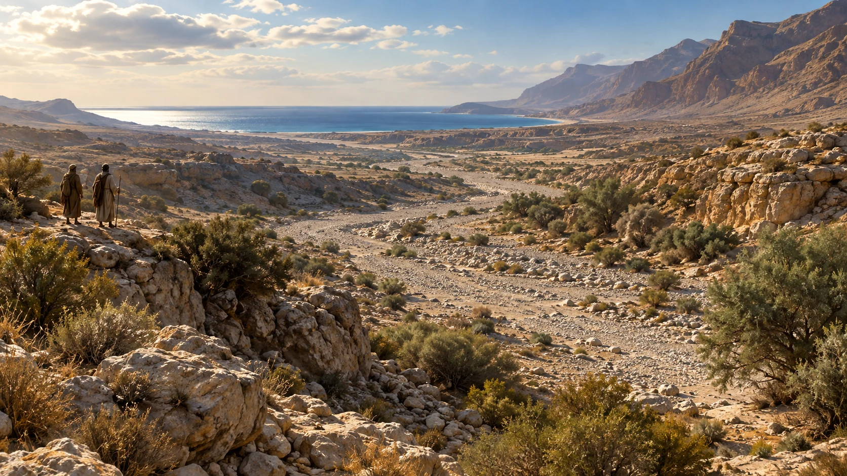 A mostly dry southern wadi winds through scrub toward a distant sea.