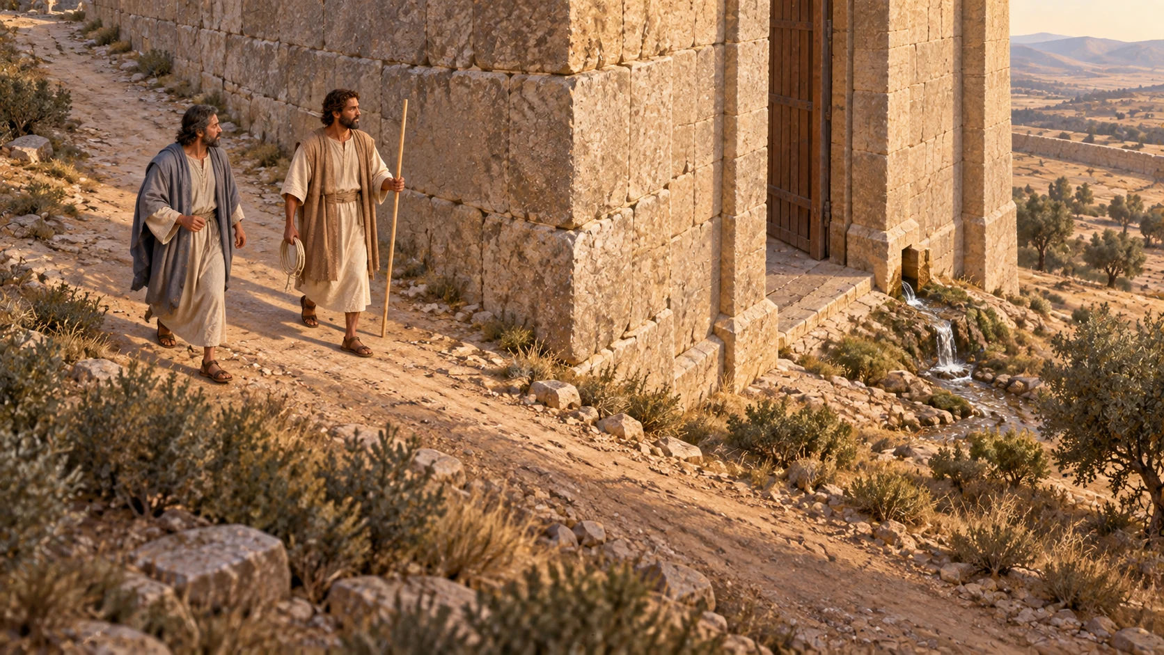 The guide and Ezekiel walk around the outer north side to the east gate, where a little water leaves at the right edge.