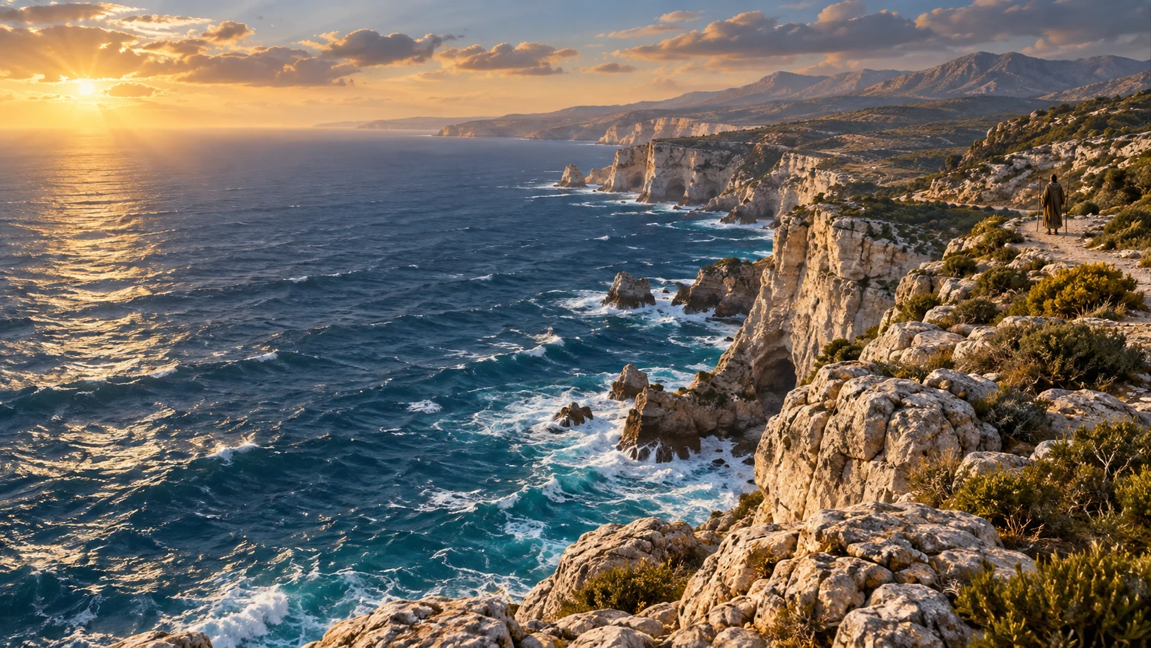 Waves meet pale western sea cliffs beneath a coastal path with a lone traveler.