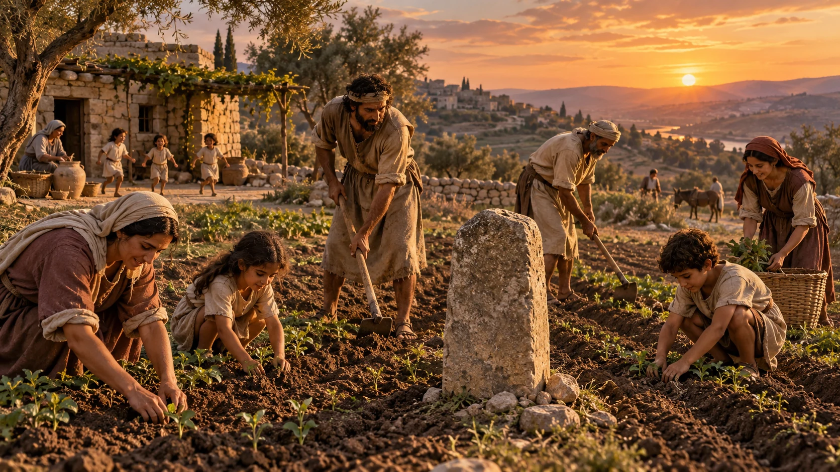 Sojourner and neighbor households work adjacent furrows together beside one field marker and village home.