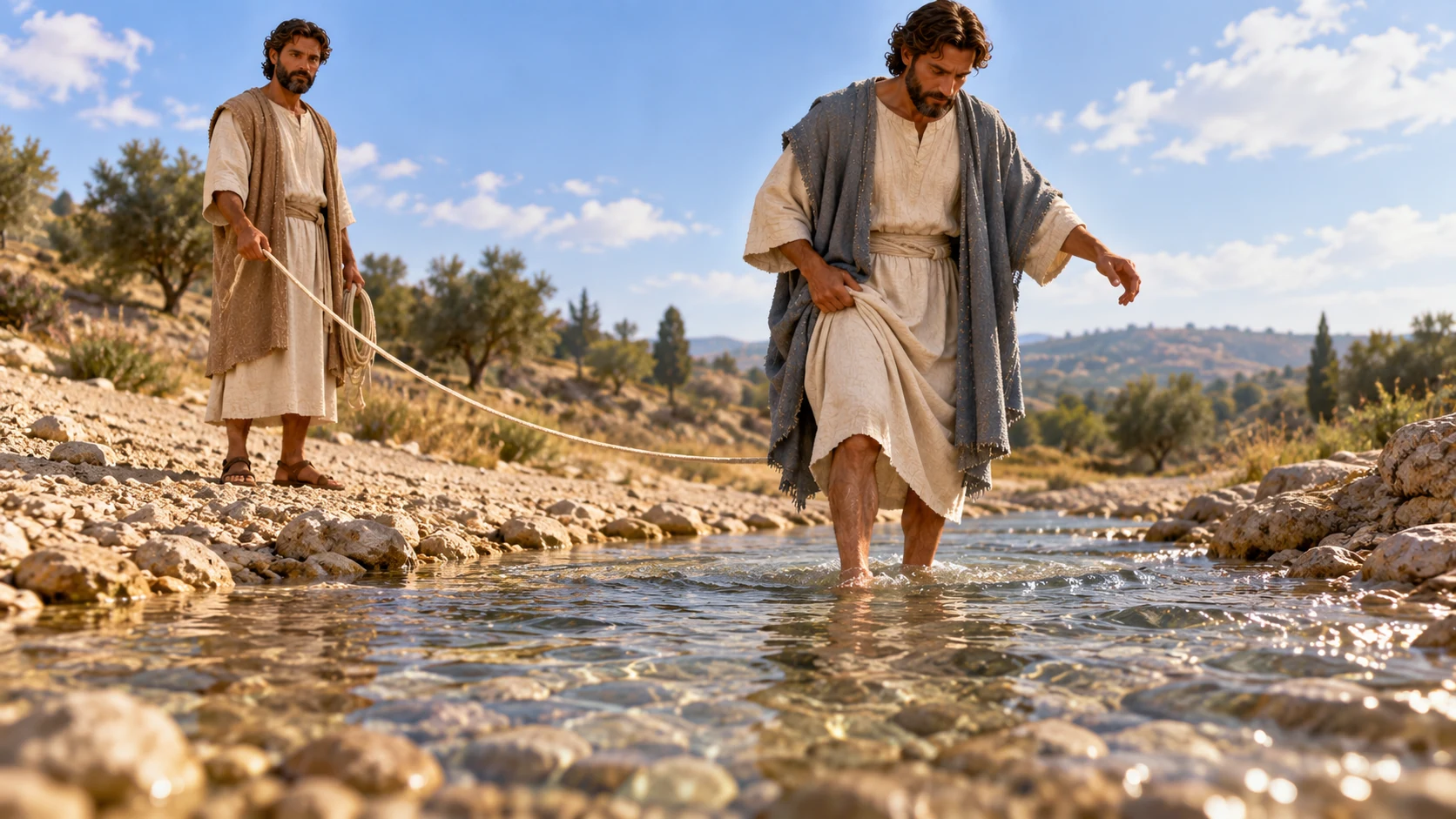 Ezekiel wades through a clear stream reaching his ankles while the guide holds a measuring line from the bank.