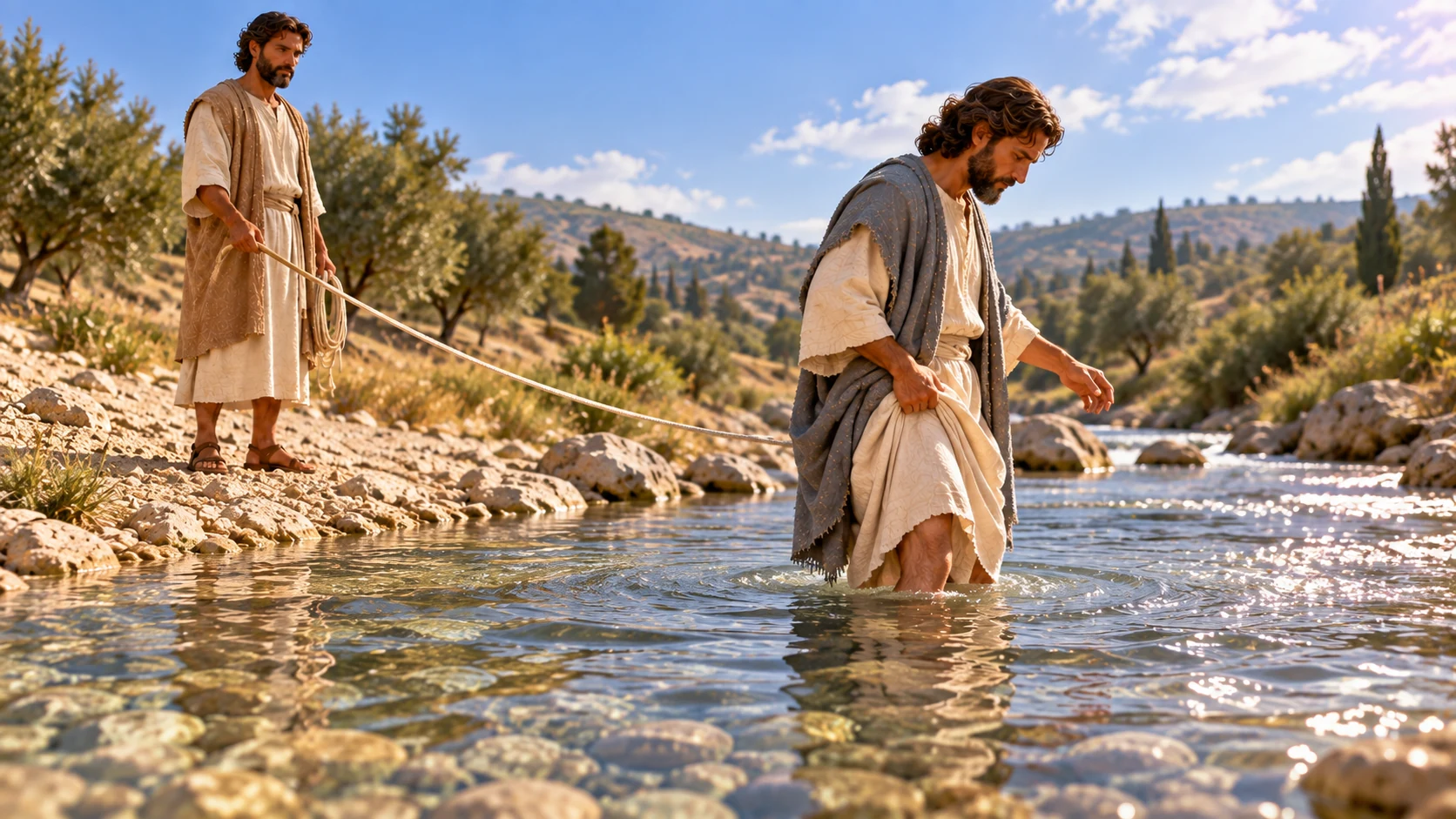 At a farther point Ezekiel wades through knee-deep clear water while the guide stands on the gravel bank.