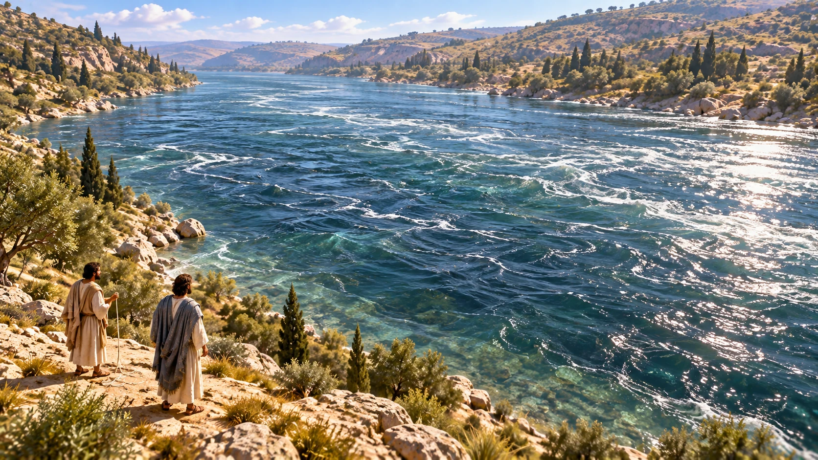Ezekiel and the guide stand safely on a dry bank beside a broad deep river that cannot be crossed on foot.