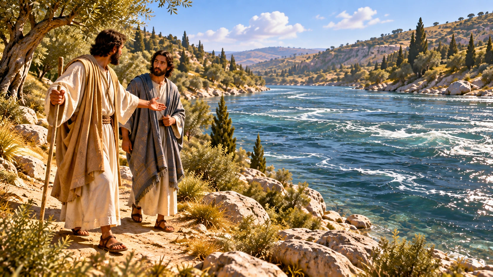 The guide gestures toward the deep river and turns Ezekiel back along the bank.