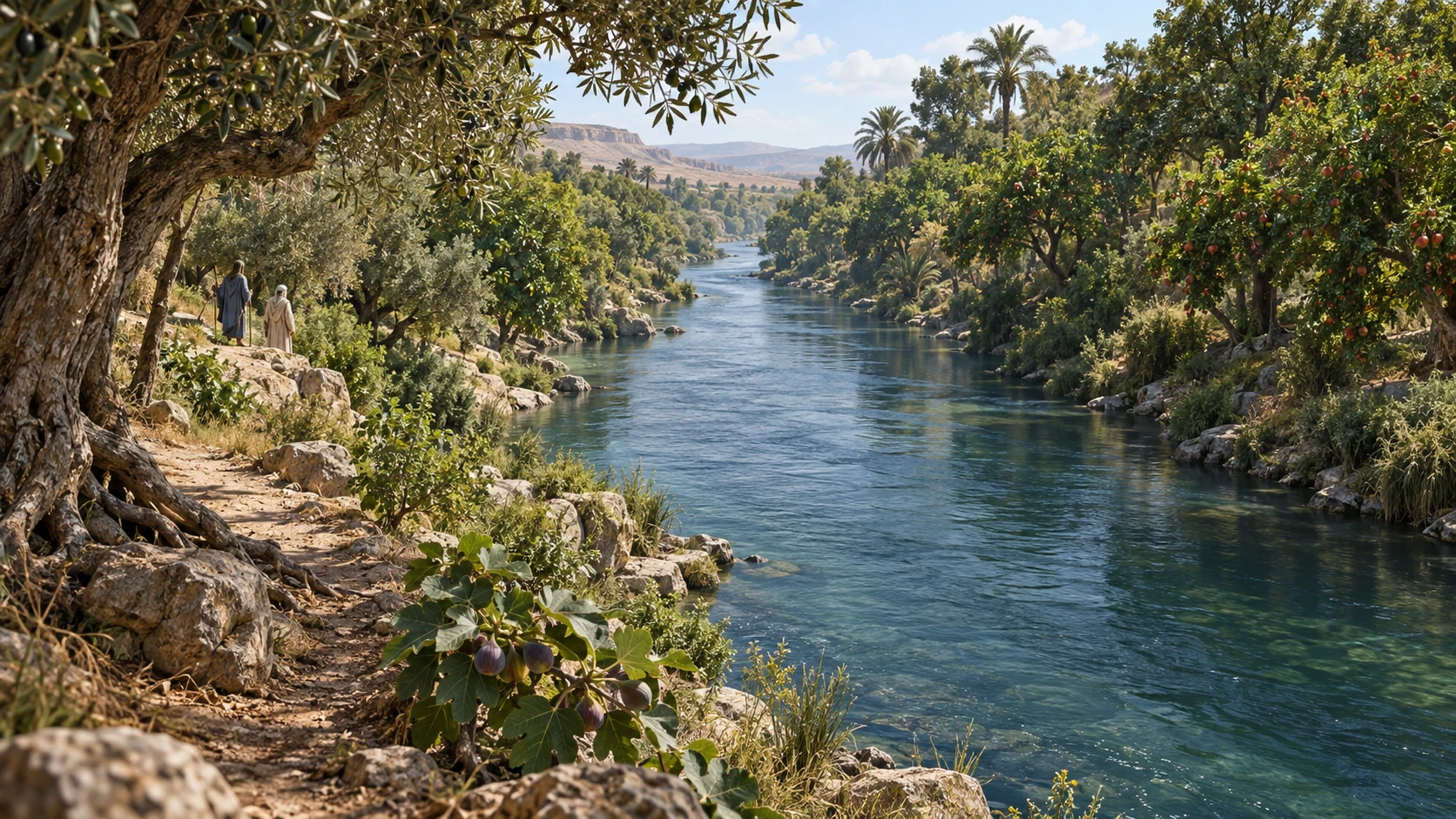 Many fruit-bearing trees line both banks of the deep river as Ezekiel and the guide observe from one side.