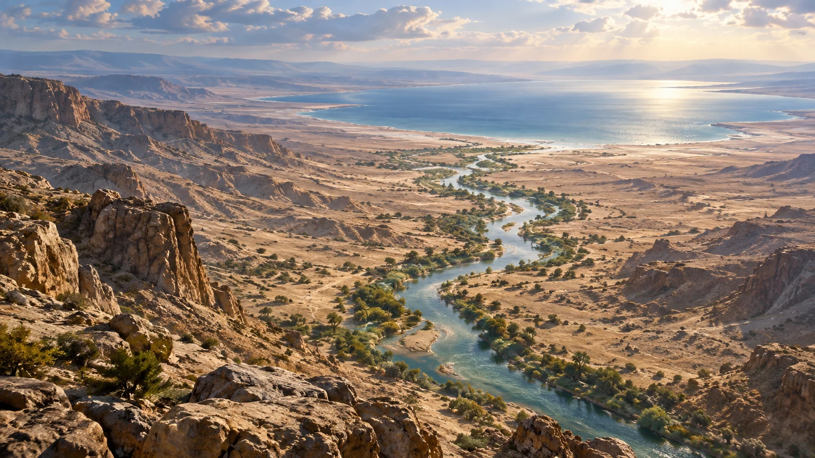 A river descends through dry eastern terrain toward a broad sea, with narrow vegetation along its course.