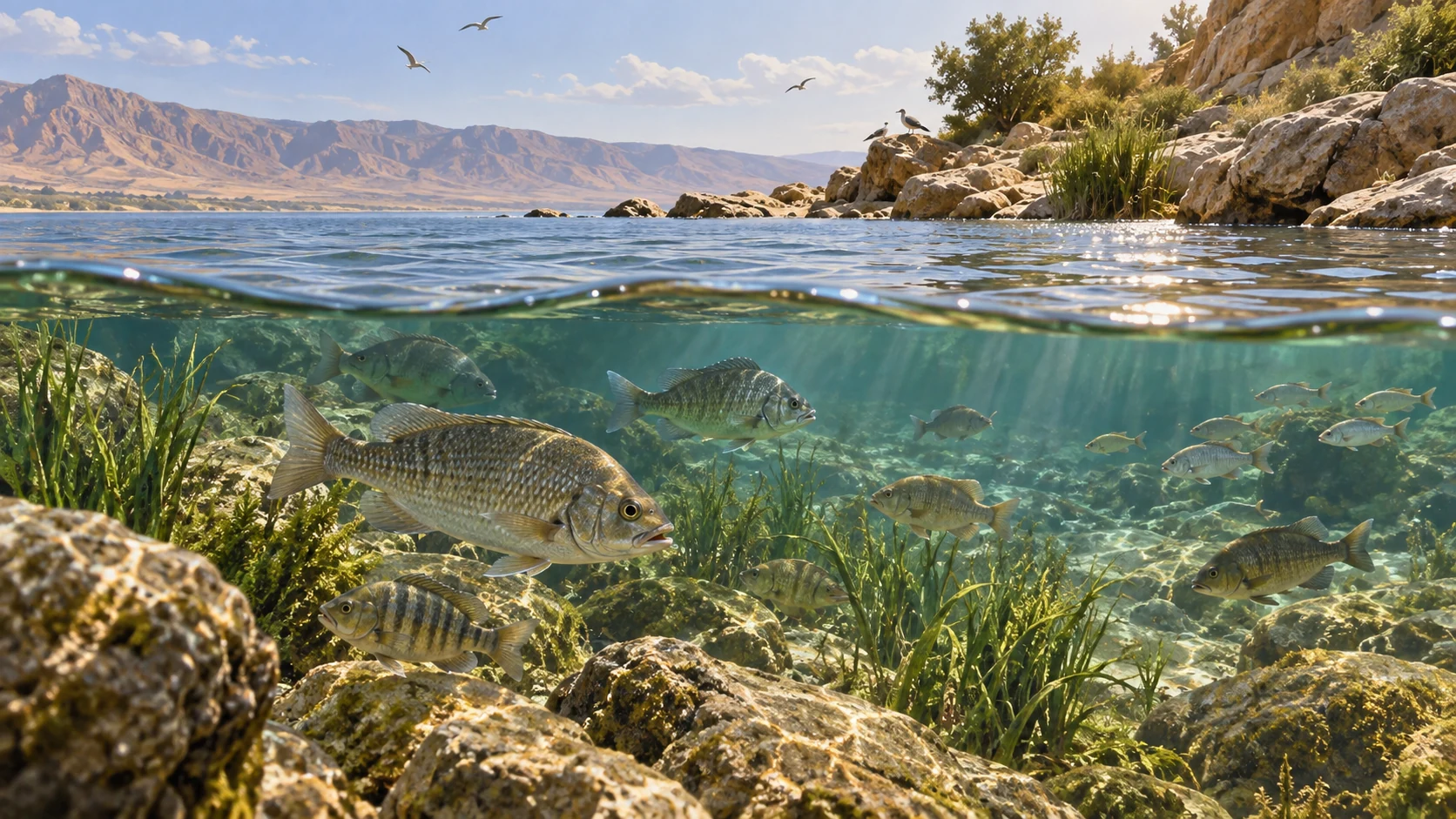 Ordinary fish of varied sizes swim in clear nearshore water beneath a quiet rocky coast.