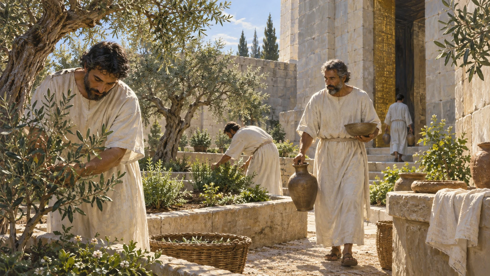 Plain linen-clothed Zadokite priests tend a reserved area near the sanctuary, with no named portrait or real estate deed.